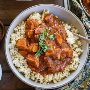 Chicken Tikka Masala with Brown Rice, Blanched Beans & Roasted Pumpkin