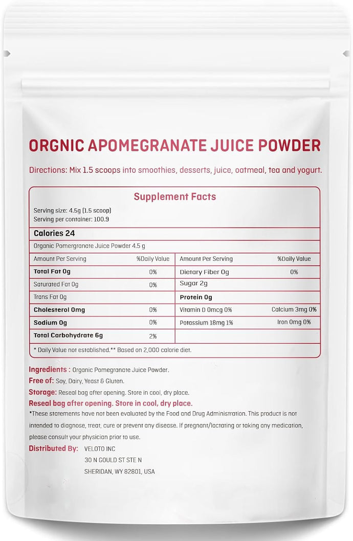 VELOTO Organic Pomegranate Juice Powder, Pure Pomegranate Fruit Extract Freeze Dried Powder, Natural Vitamin C Vegan Sweetener Superfoods for Smoothies, Yogurt & Shake, Gluten Free, Non GMO, 1 lb