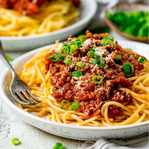 Beef Bolognese with Pasta, Grated Parmesan & Roasted Cherry Tomatoes