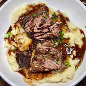 Braised Brisket with Sweet Potato Mash, Brussels Sprouts & Sautéed Mushrooms