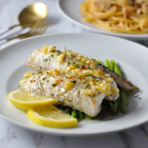 Grilled Barramundi with Brown Rice, Blanched Beans & Roasted Pumpkin