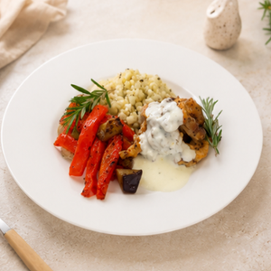 Chicken Souvlaki, Roasted Eggplant and Capsicum, Cauliflower Rice, Yoghurt Dip