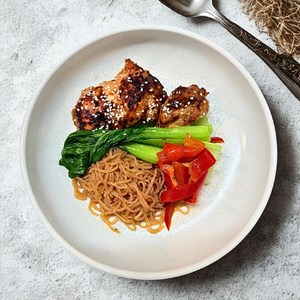 Miso Glazed Chicken Drumstick Fillet with Shirataki Noodles, Bokchoy, and Capsicum