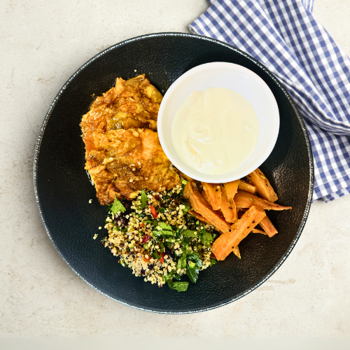 Sweet and Spicy Harissa Barramundi with Quinoa Salad and Sweet Potatoes (Gluten-free)