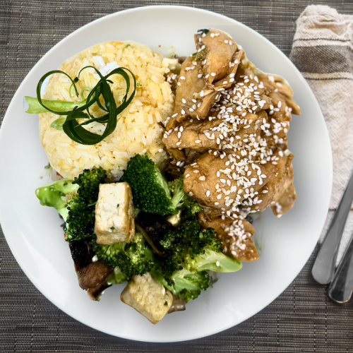 Stir fry Sesame Chicken with Egg Fried Jasmine Rice and Veggies (NDIS)
