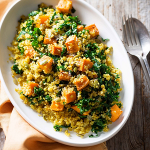 Salmon with Quinoa Salad, Wilted Kale & Roast Pumpkin