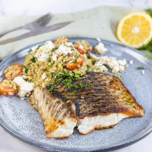 Grilled Barramundi with Quinoa Salad, Blanched Beans & Lemon Coco Sauce