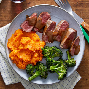 Roasted Beef with Sweet Potato Mash, Blanched Broccolini & Roasted Capsicum