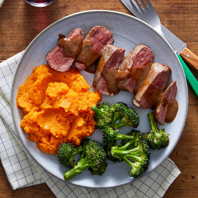 Roasted Beef with Sweet Potato Mash, Blanched Broccolini & Roasted Capsicum