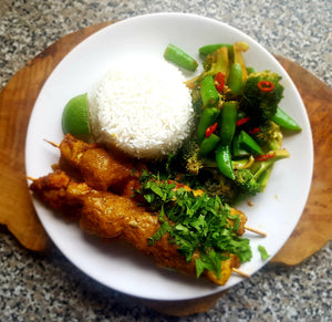 Malaysian Satay Chicken with Saffron Rice, Stir-Fried Veggies & Blanched Bok Choy