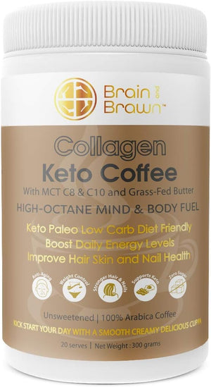 Brain and Brawn Collagen Coffee – Hydrolyzed Collagen Peptides, MCT Oil & Grass-Fed Butter | Keto & Paleo Friendly | 300g