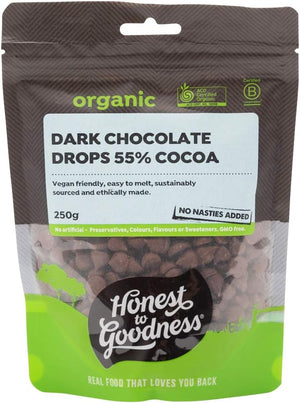 Honest to Goodness Organic Dark Chocolate Drops 55% Cocoa | Dairy-Free & Vegan | 250g