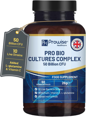 Bio Cultures Complex Probiotics – 50 Billion CFU, Prebiotics & Vitamin C | 60 Capsules