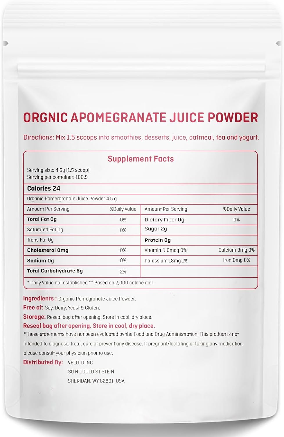 VELOTO Organic Pomegranate Juice Powder, Pure Pomegranate Fruit Extract Freeze Dried Powder, Natural Vitamin C Vegan Sweetener Superfoods for Smoothies, Yogurt & Shake, Gluten Free, Non GMO, 1 lb