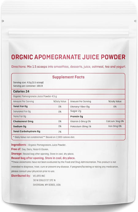 VELOTO Organic Pomegranate Juice Powder, Pure Pomegranate Fruit Extract Freeze Dried Powder, Natural Vitamin C Vegan Sweetener Superfoods for Smoothies, Yogurt & Shake, Gluten Free, Non GMO, 1 lb