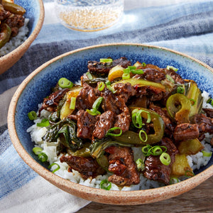 Stir-Fried Beef in Black Pepper Sauce with White Rice, Blanched Bok Choy & Charred Capsicum