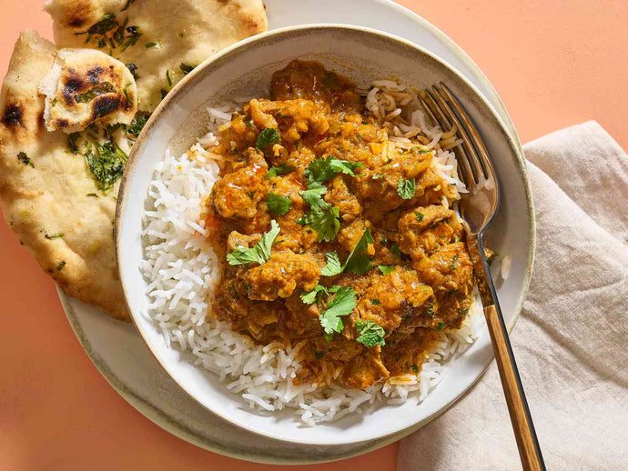 Lamb Rogan Josh with Brown Rice, Roasted Eggplant & Blanched Carrots