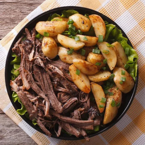 BBQ Pulled Pork with Roast Potatoes, Coleslaw & Blanched Broccoli