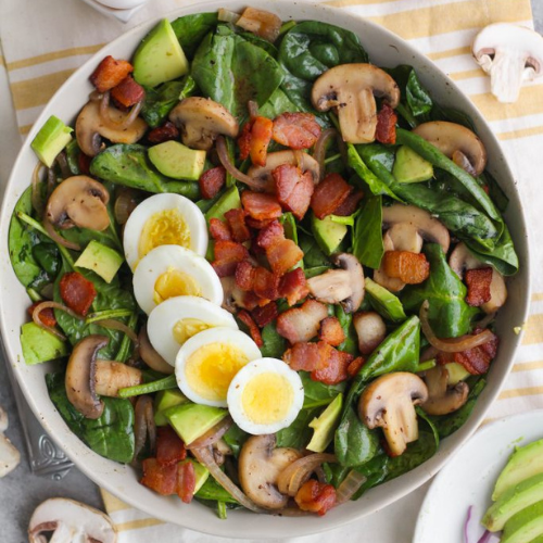 Breakfast Salad of Mushroom, Tomato, Chorizo, Bacon, Spinach, Free Range Boiled Eggs and Balsamic Vinaigrette (Breakfast) (Gluten-free)