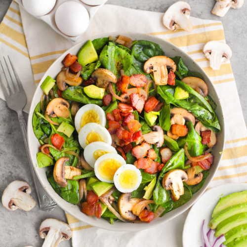 Breakfast Salad of Mushroom, Tomato, Chorizo, Bacon, Spinach, Free Range Boiled Eggs and Balsamic Vinaigrette (Breakfast)  (Organic)