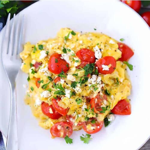 Creamy Free Range scrambled eggs with sautéed Mushroom, Spinach and Cherry Tomatoes (Breakfast) 200g