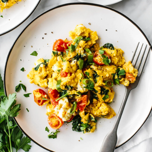 Creamy Free Range scrambled eggs with sautéed Mushroom, Spinach and Cherry Tomatoes (Breakfast) (Organic)