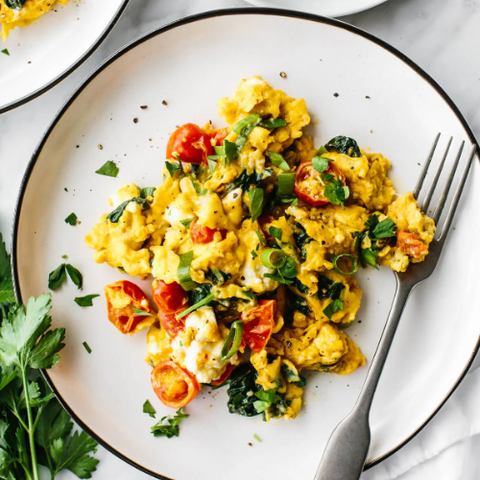 Creamy Free Range scrambled eggs with sautéed Mushroom, Spinach and Cherry Tomatoes (Breakfast)