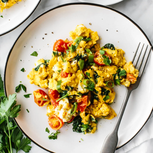 Creamy Free Range Scrambled Eggs with Sautéed Veggies and Cherry Tomatoes 200g (Breakfast) (Gluten-Free)