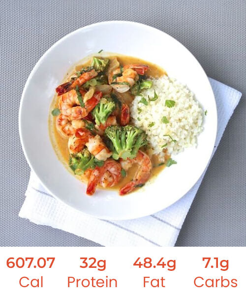 Curried Laksa Prawns with Cauliflower Rice & Crispy Tempeh