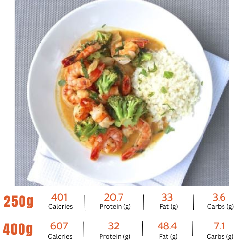 Curried Laksa Prawns with Cauliflower Rice & Crispy Tempeh.