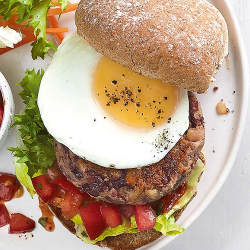 Vegan Burger, Bacon, Fried Egg and Caramelised Onion with Aioli (Organic)
