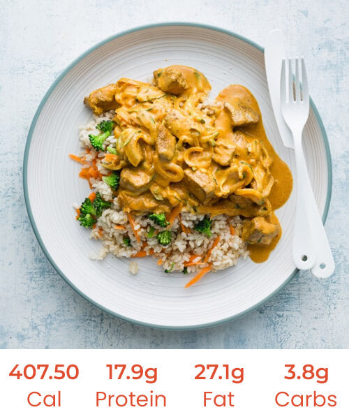 Free Range Butter Chicken with Stir-fried Broccoli Rice, Onions, and Capsicums (Gluten-free)