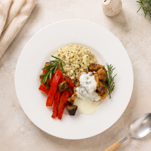 Chicken Souvlaki, Roasted Eggplant and Capsicum, Cauliflower Rice, Yoghurt Dip