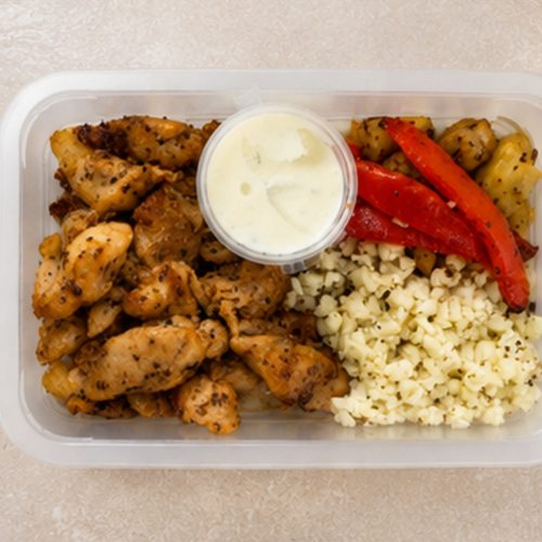 Chicken Souvlaki, Roasted Eggplant and Capsicum, Cauliflower Rice, Yoghurt Dip