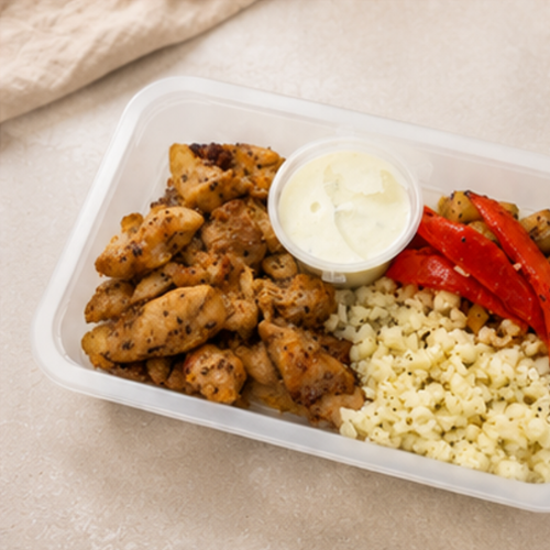 Chicken Souvlaki, Roasted Eggplant and Capsicum, Cauliflower Rice, Yoghurt Dip