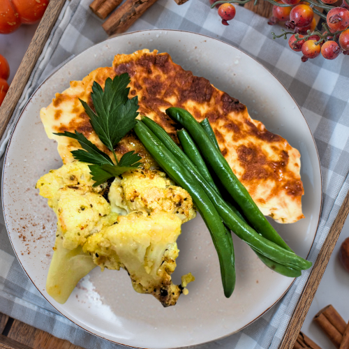 Chicken Breast Parmigiana with Green Beans & Roasted Lemon Parmesan Cauliflower