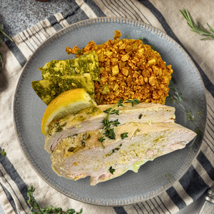 Lemon Thyme Chicken Breast, Pesto Halloumi and Smoked Golden Cauliflower Rice (Gluten-free)