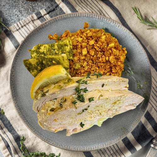 Lemon Thyme Chicken Breast, Pesto Halloumi and Smoked Golden Cauliflower Rice 250g