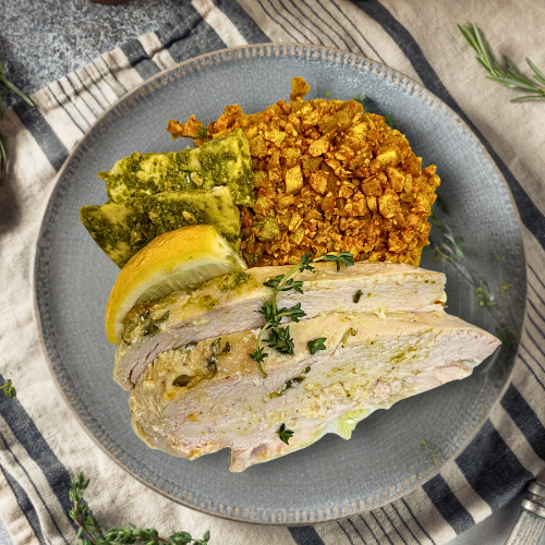 Lemon Thyme Chicken Breast, Pesto Halloumi and Smoked Golden Cauliflower Rice