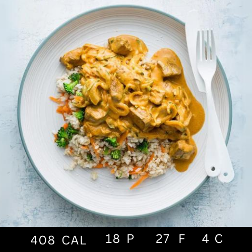 Free Range Butter Chicken with Stir-fried Broccoli Rice, Onions, and Capsicums (Gluten-free)