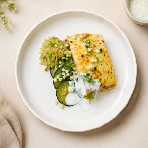 Tuna Bake, Braised Cabbage, Buttered Zucchini, Yoghurt Dip