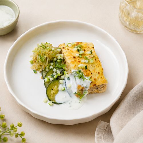 Tuna Bake, Braised Cabbage, Buttered Zucchini, Yoghurt Dip