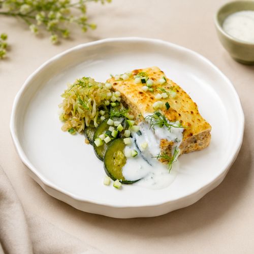 Tuna Bake, Braised Cabbage, Buttered Zucchini, Yoghurt Dip
