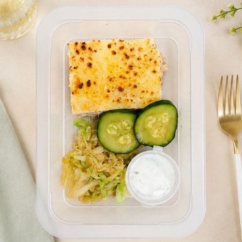 Tuna Bake, Braised Cabbage, Buttered Zucchini, Yoghurt Dip
