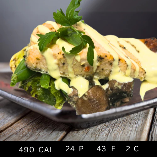 Baked Salmon with Beans, Mushrooms and Brussels Sprout with Hollandaise Sauce