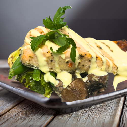 Baked Salmon with Beans, Mushrooms and Brussels Sprout with Hollandaise Sauce