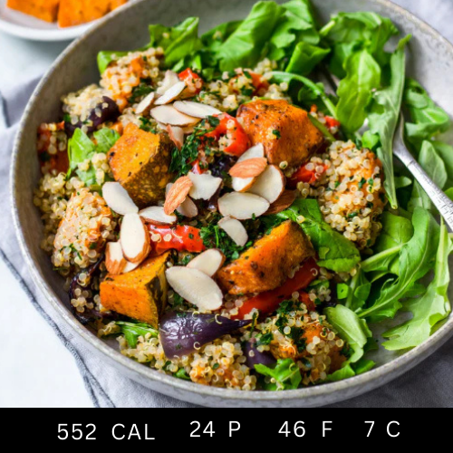 Keto Vitality Salad Roast Pumpkin and Cauliflower Salad with Spinach, Green Beans and Crumbled Feta Cheese (Gluten-free)