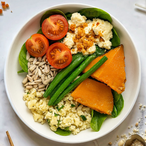 Keto Vitality Salad Roast Pumpkin and Cauliflower Salad with Spinach, Green Beans and Crumbled Feta Cheese