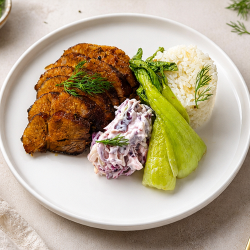 Char Siu Pork, Cauliflower Rice, Garlic Bok Choy, Coleslaw