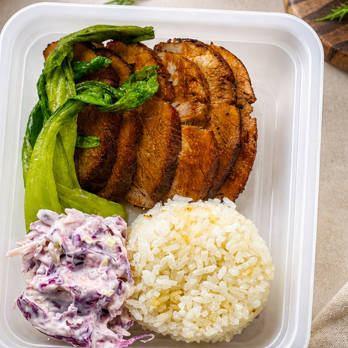 Char Siu Pork, Cauliflower Rice, Garlic Bok Choy, Coleslaw
